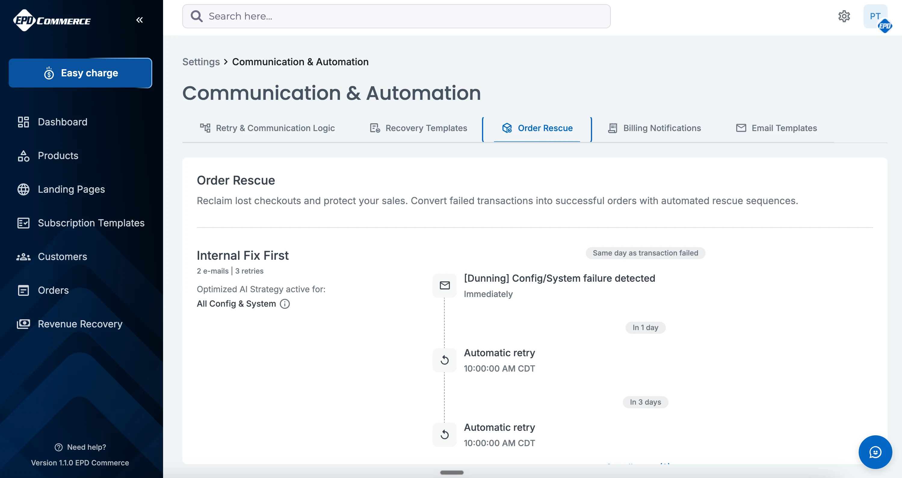 Order Rescue settings in EPD Commerce showing the Internal Fix First recovery strategy timeline