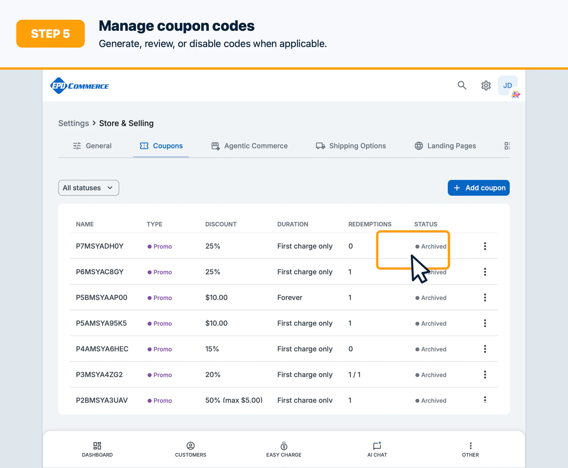 Step 5: Manage coupon codes