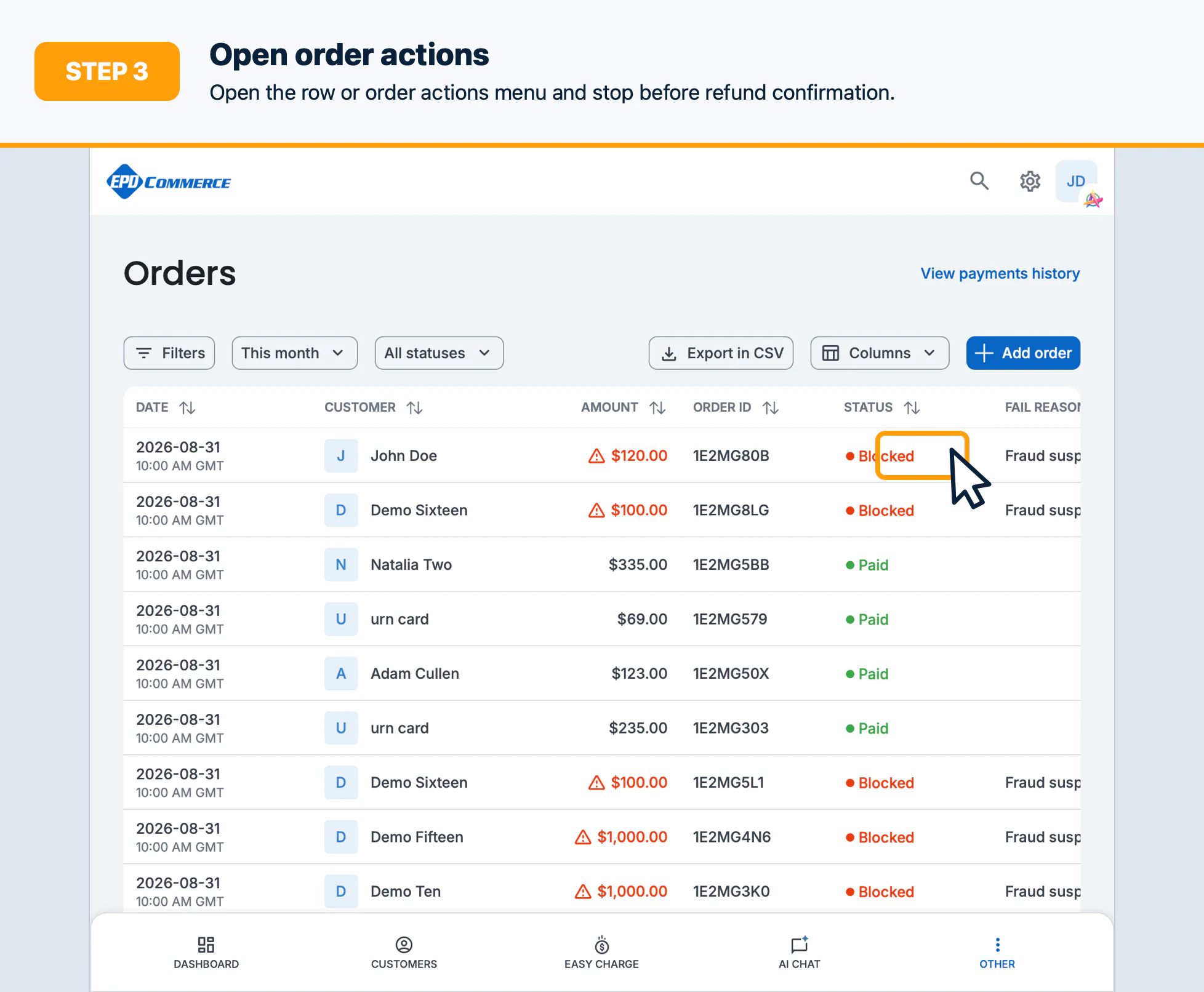 Step 3: Open order actions