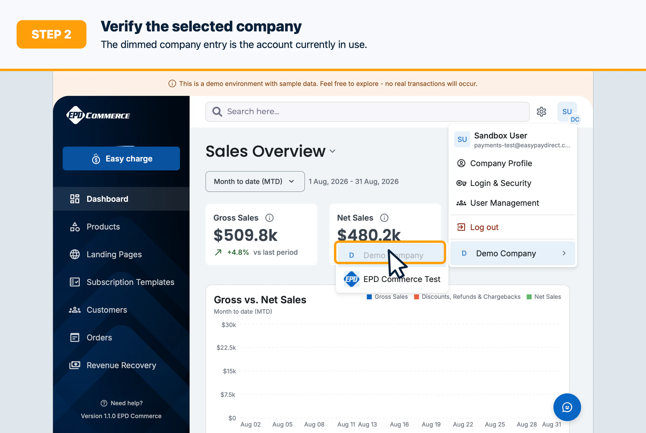 Step 2: Verify the selected sandbox company